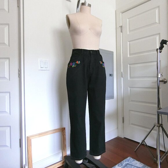 Floral Embroidered Black Jeans - Picture 1 of 6